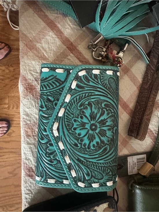 Myra Bag Handbags - Myra Bag Turquoise Floral Tooled Wallet with Tassel Detail